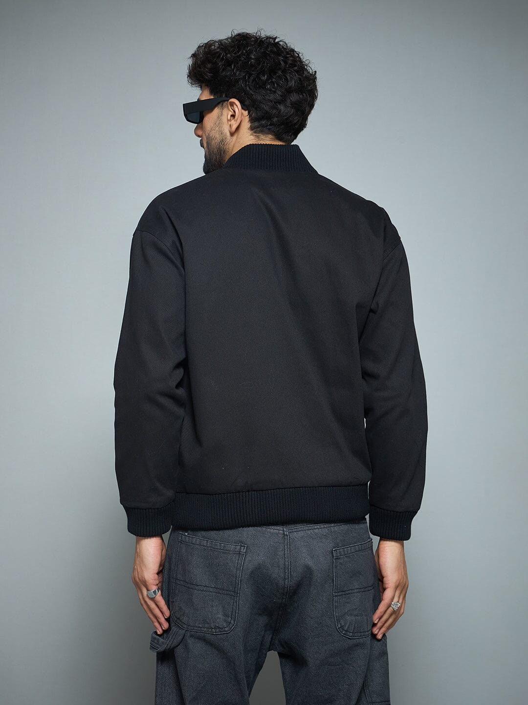 Black Twill Studded Bomber Jacket - Image 4