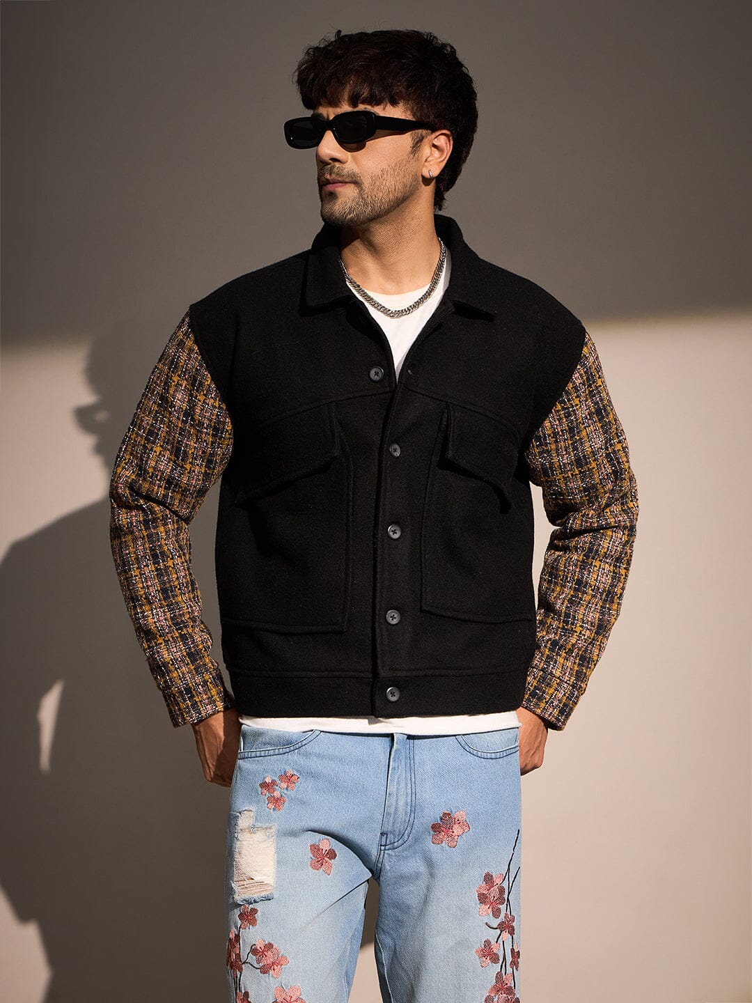 Black Woollen Contrast Sleeves Aviator Jacket - Image 4