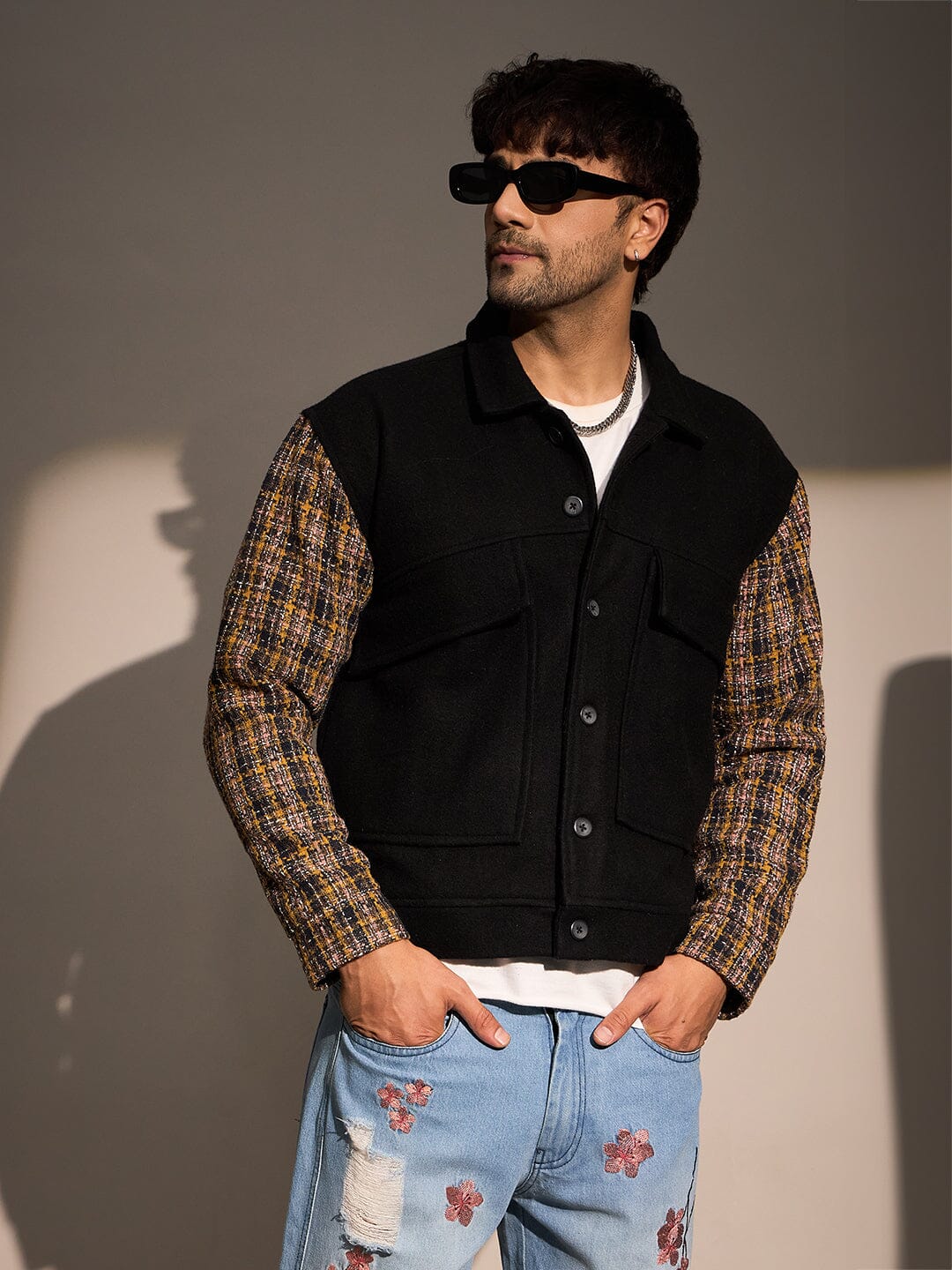 Black Woollen Contrast Sleeves Aviator Jacket - Image 5