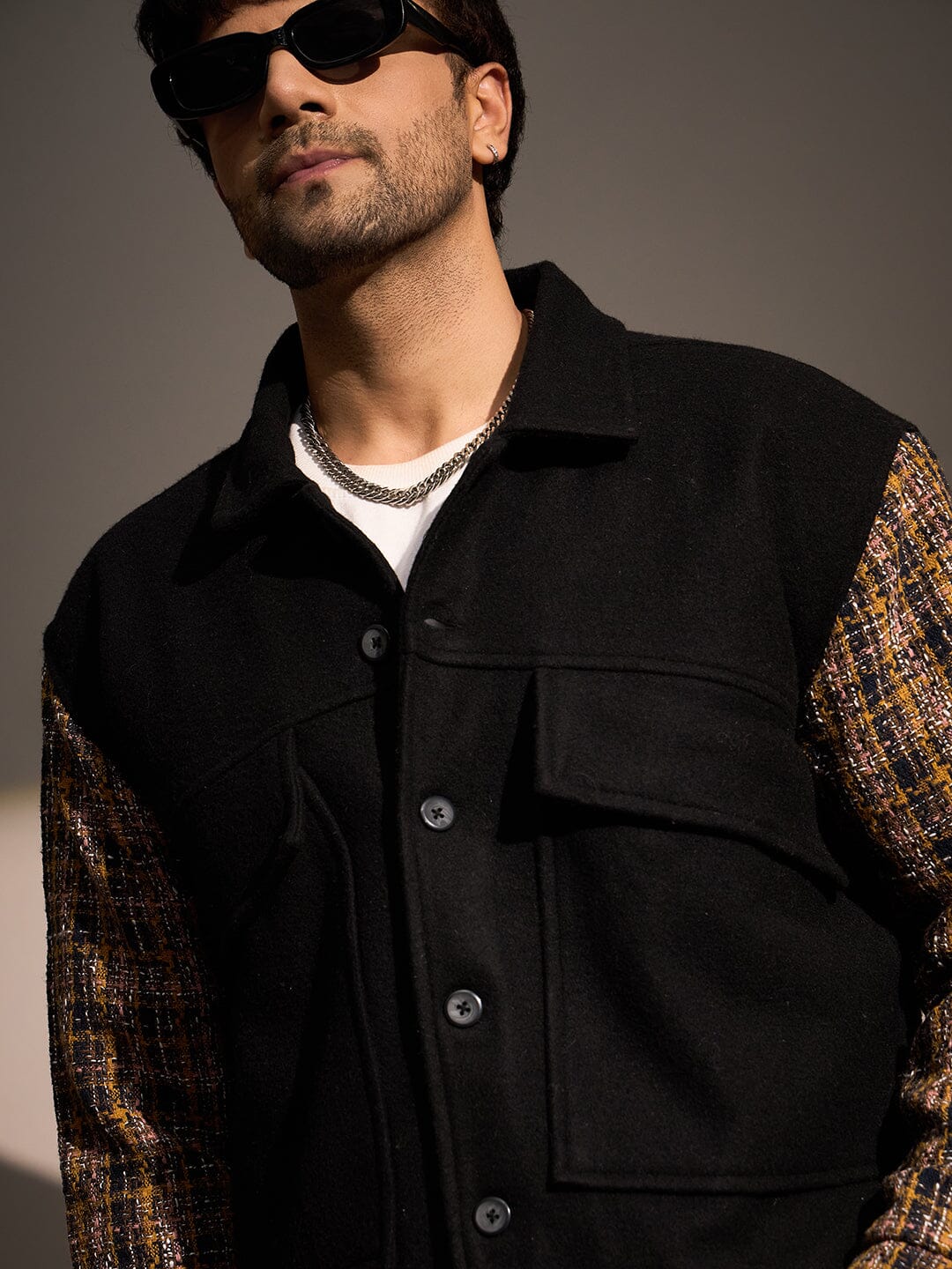 Black Woollen Contrast Sleeves Aviator Jacket - Image 6