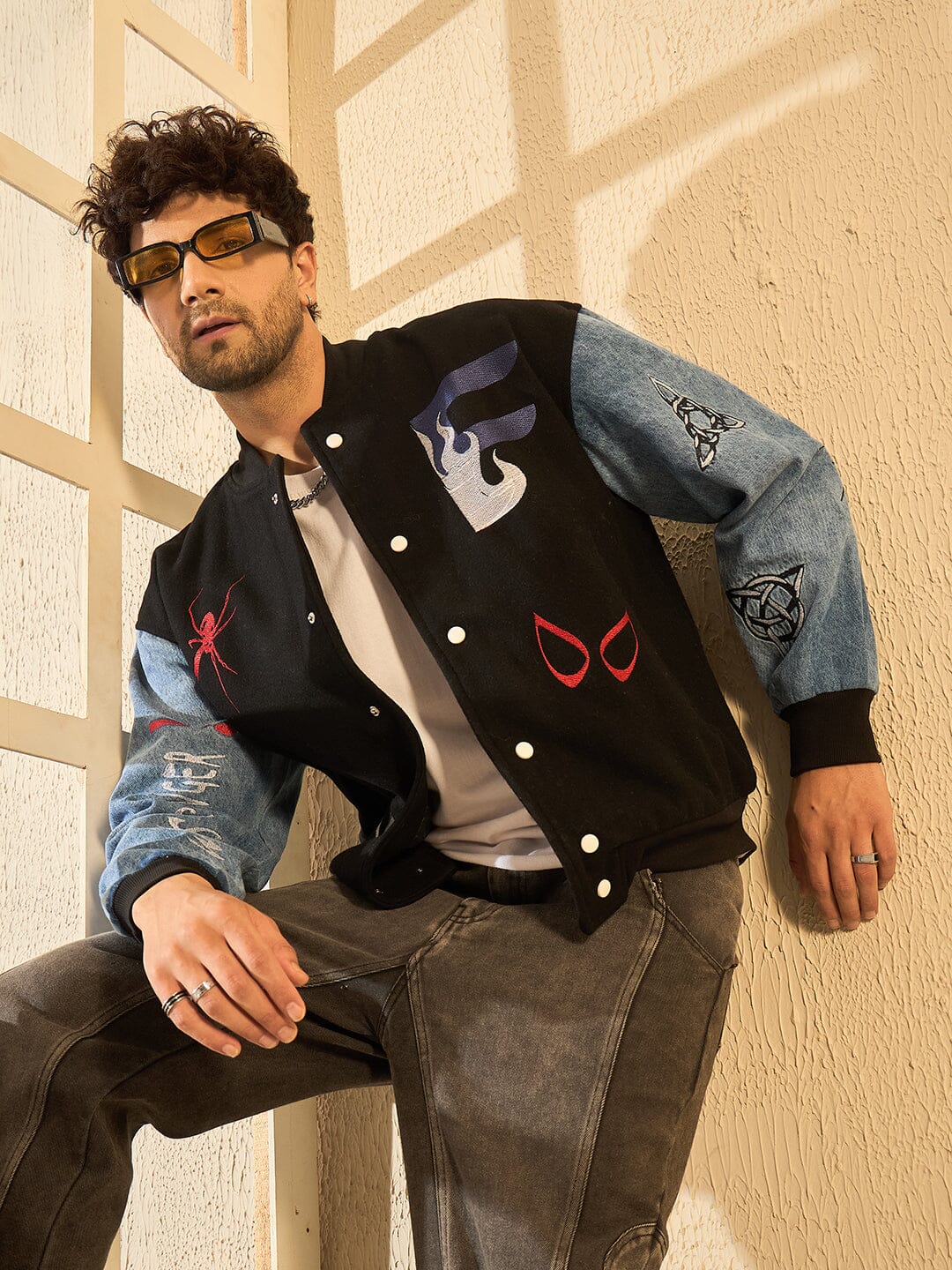 Black Woollen Tattooed Jacket With Denim Sleeves - Image 5