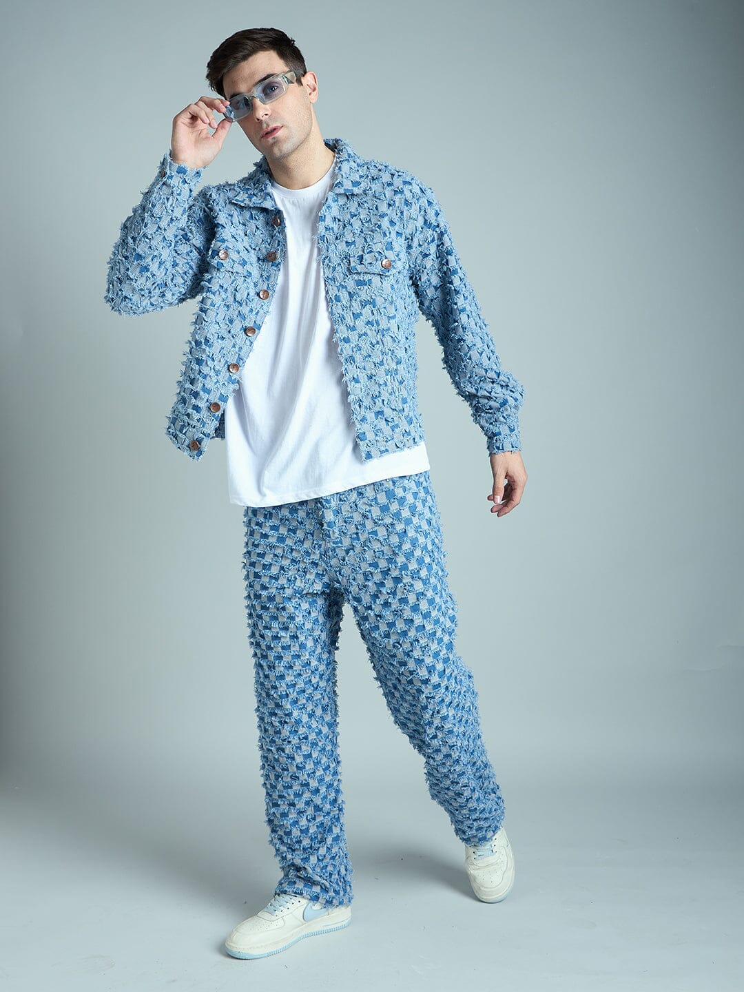 Blue Frayed Jacquard Cropped Denim Jacket - Image 2