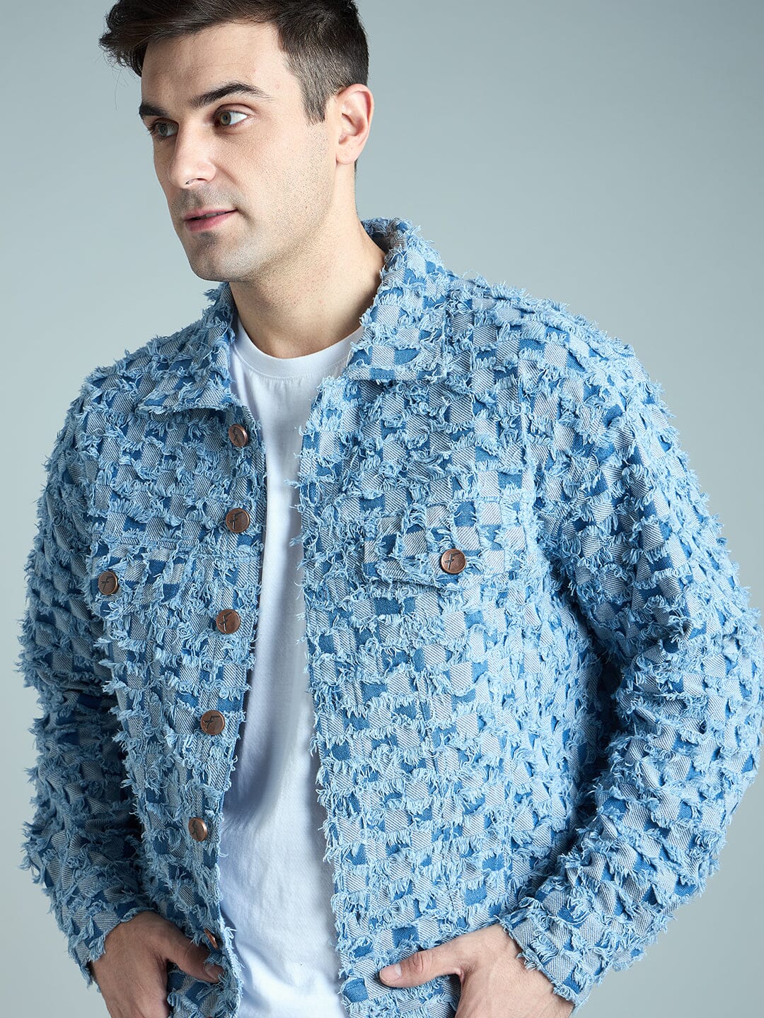 Blue Frayed Jacquard Cropped Denim Jacket - Image 3