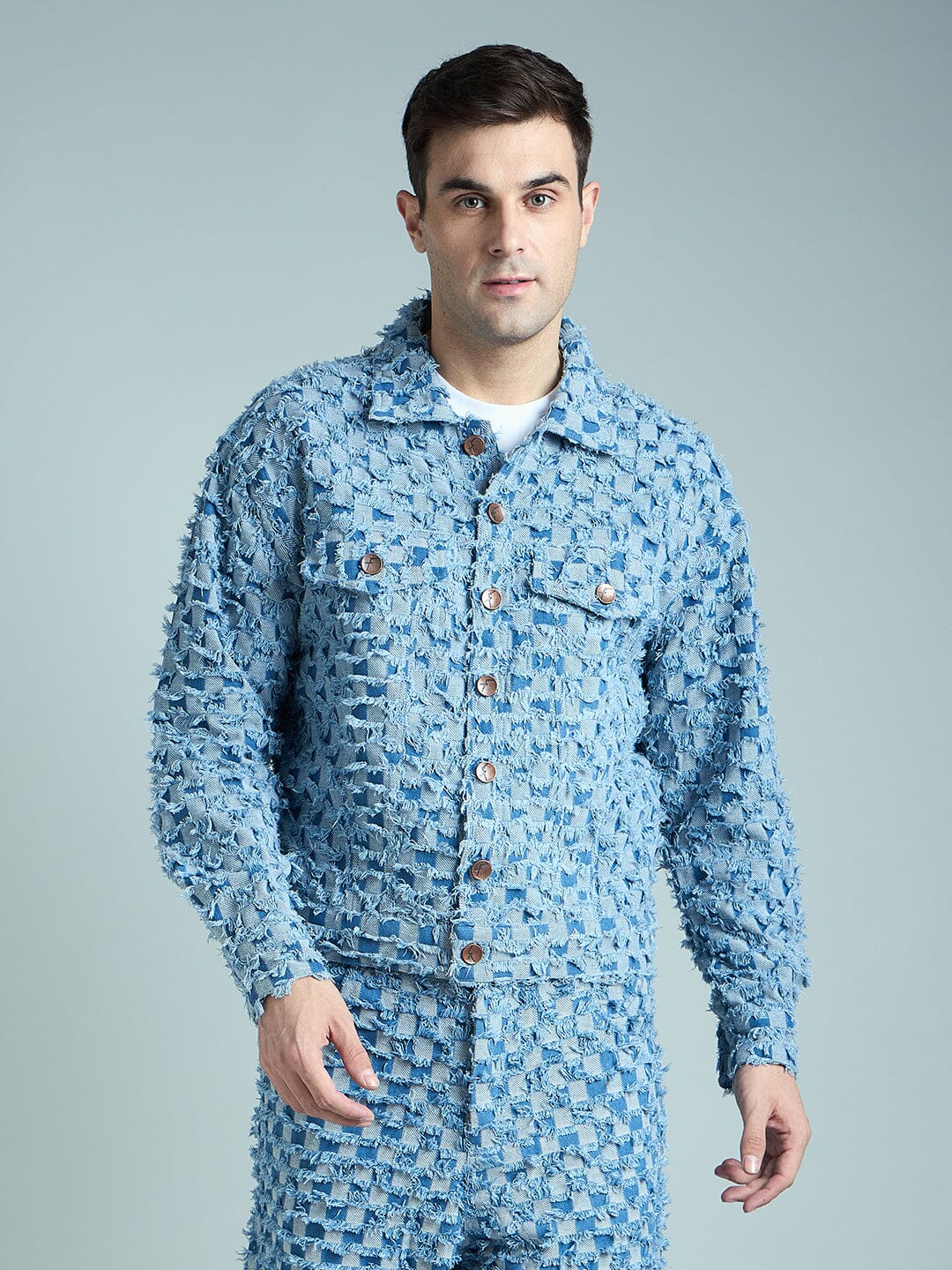 Blue Frayed Jacquard Cropped Denim Jacket - Image 4
