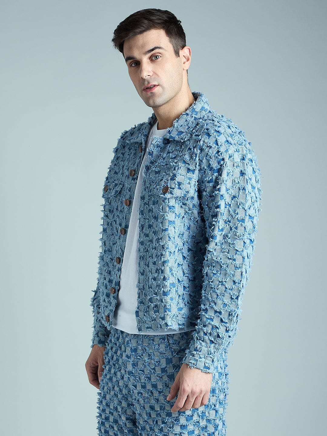 Blue Frayed Jacquard Cropped Denim Jacket - Image 5