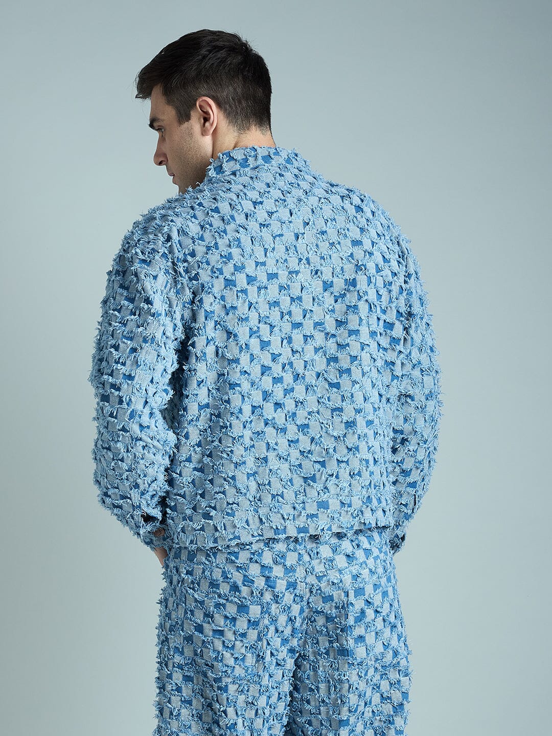 Blue Frayed Jacquard Cropped Denim Jacket - Image 6