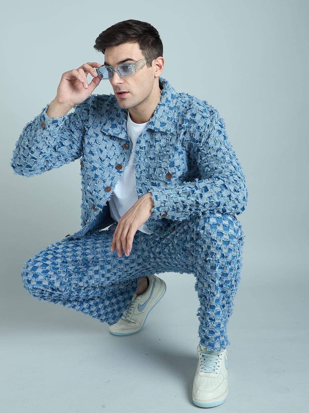 Blue Frayed Jacquard Cropped Denim Jacket - Image 7