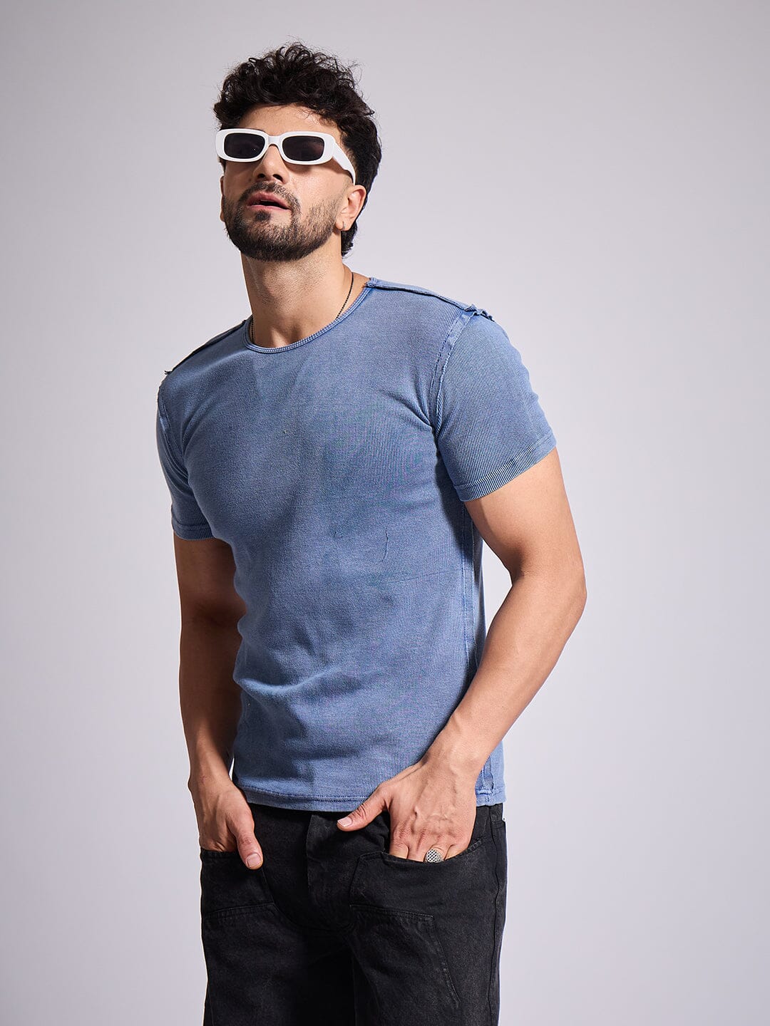 Blue Ribbed Short Sleeve Tshirt - Image 2
