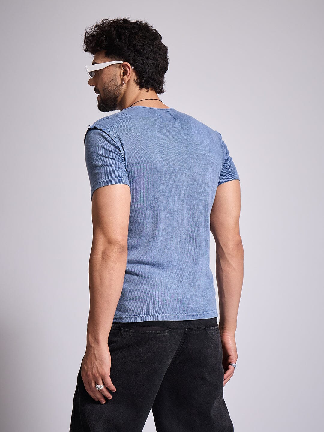 Blue Ribbed Short Sleeve Tshirt - Image 4