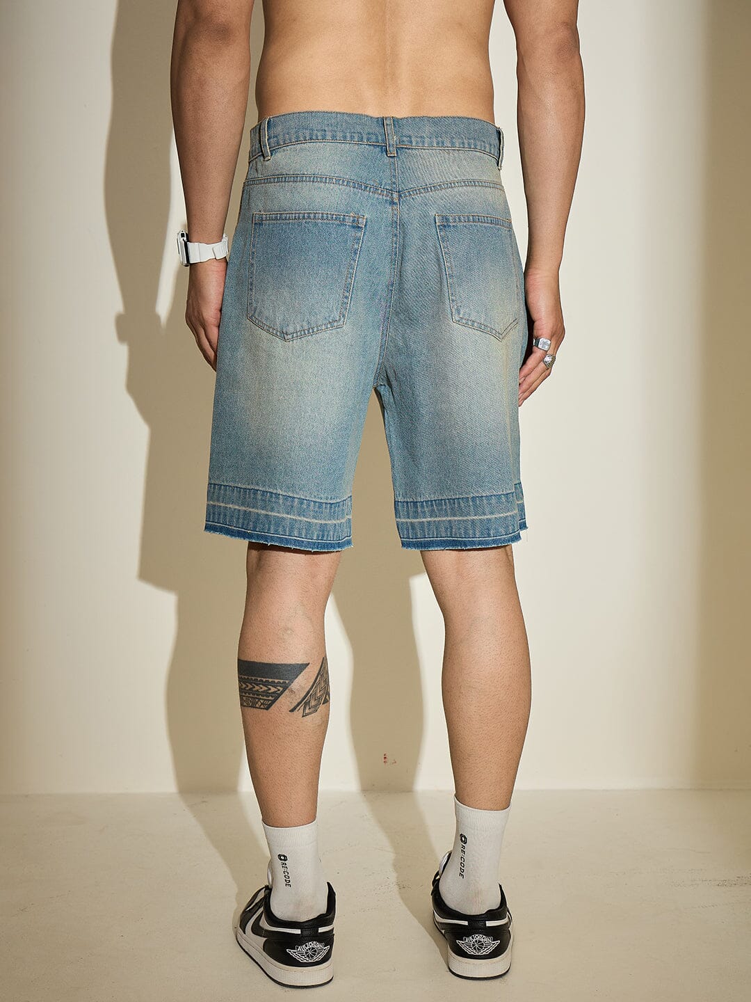 Blue Vintage Washed Distressed Denim Shorts - Image 3