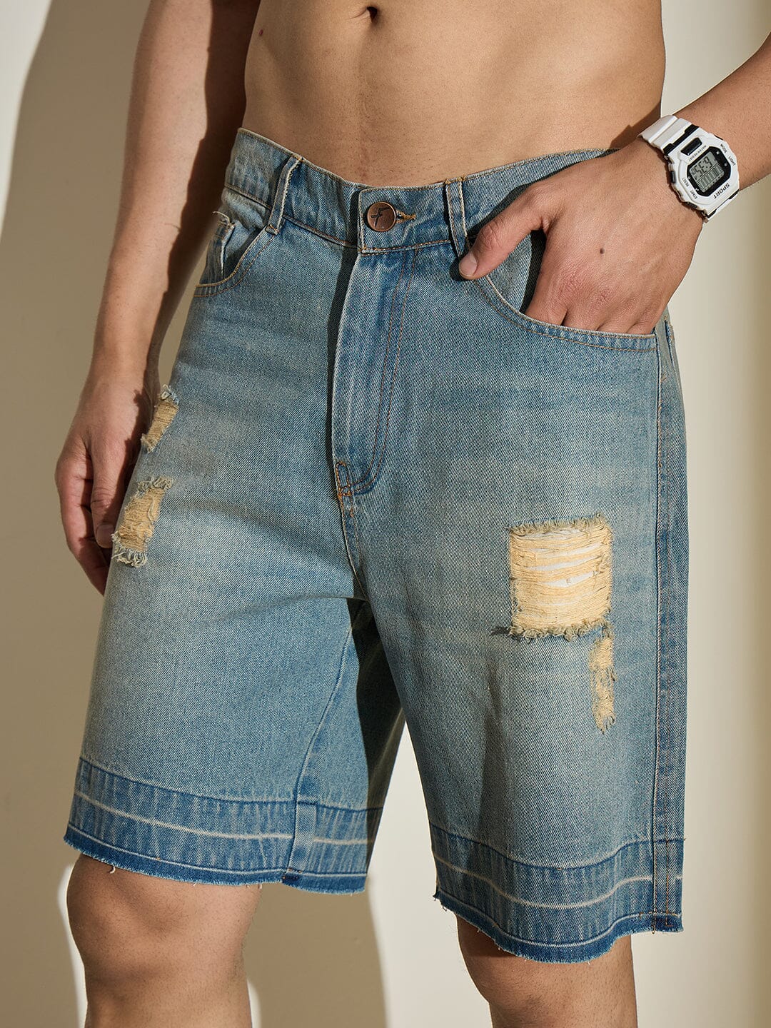 Blue Vintage Washed Distressed Denim Shorts - Image 4