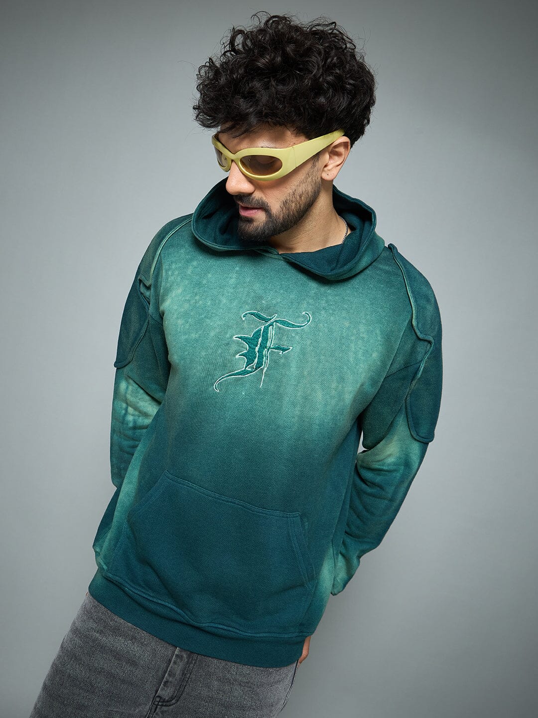 Bottle Green Sun Fade Shoulder Pad Hoodie - Image 2