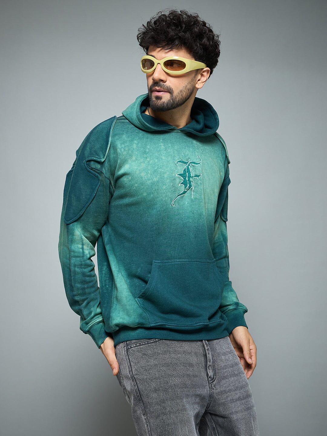 Bottle Green Sun Fade Shoulder Pad Hoodie - Image 3