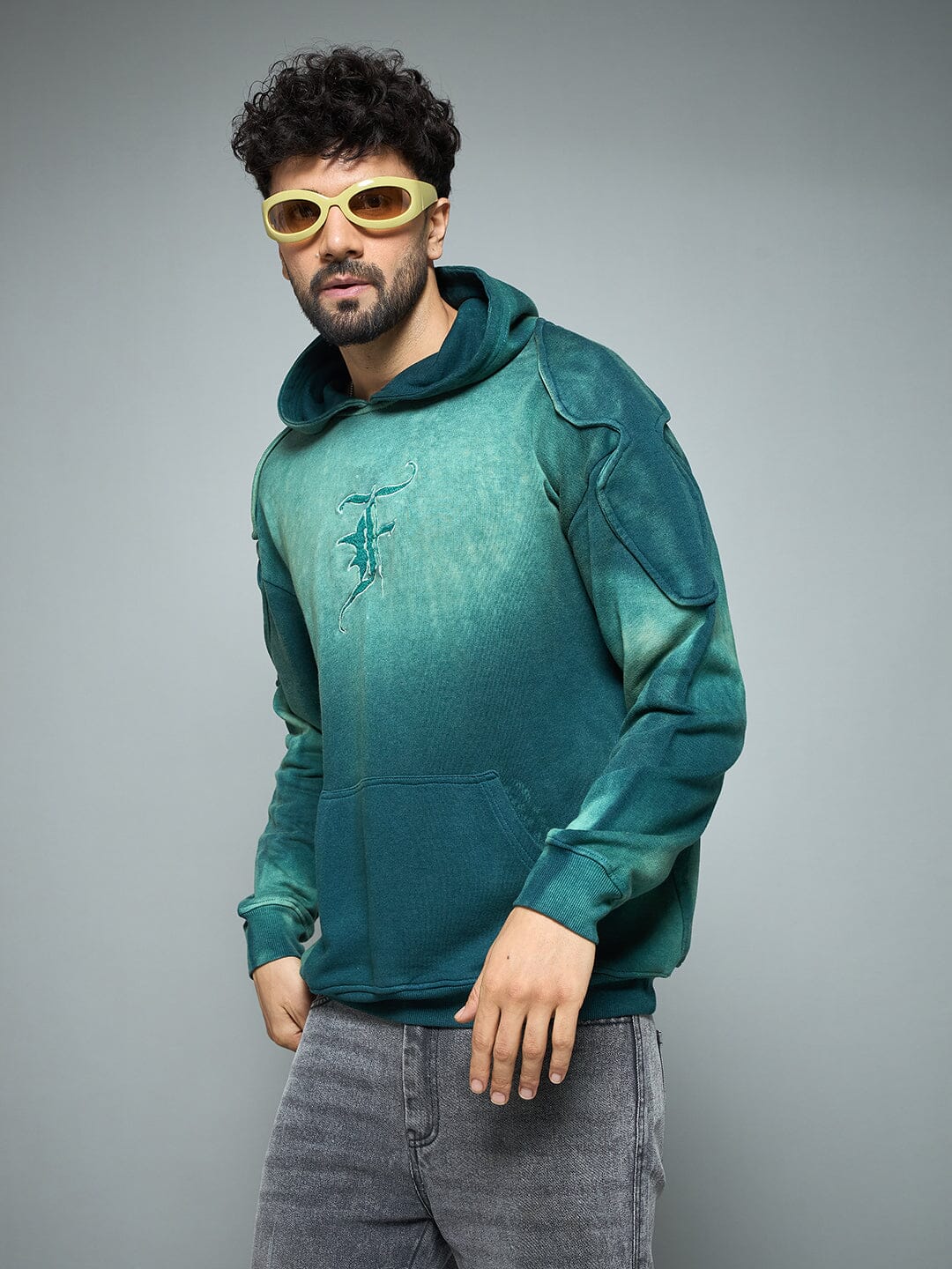 Bottle Green Sun Fade Shoulder Pad Hoodie - Image 4