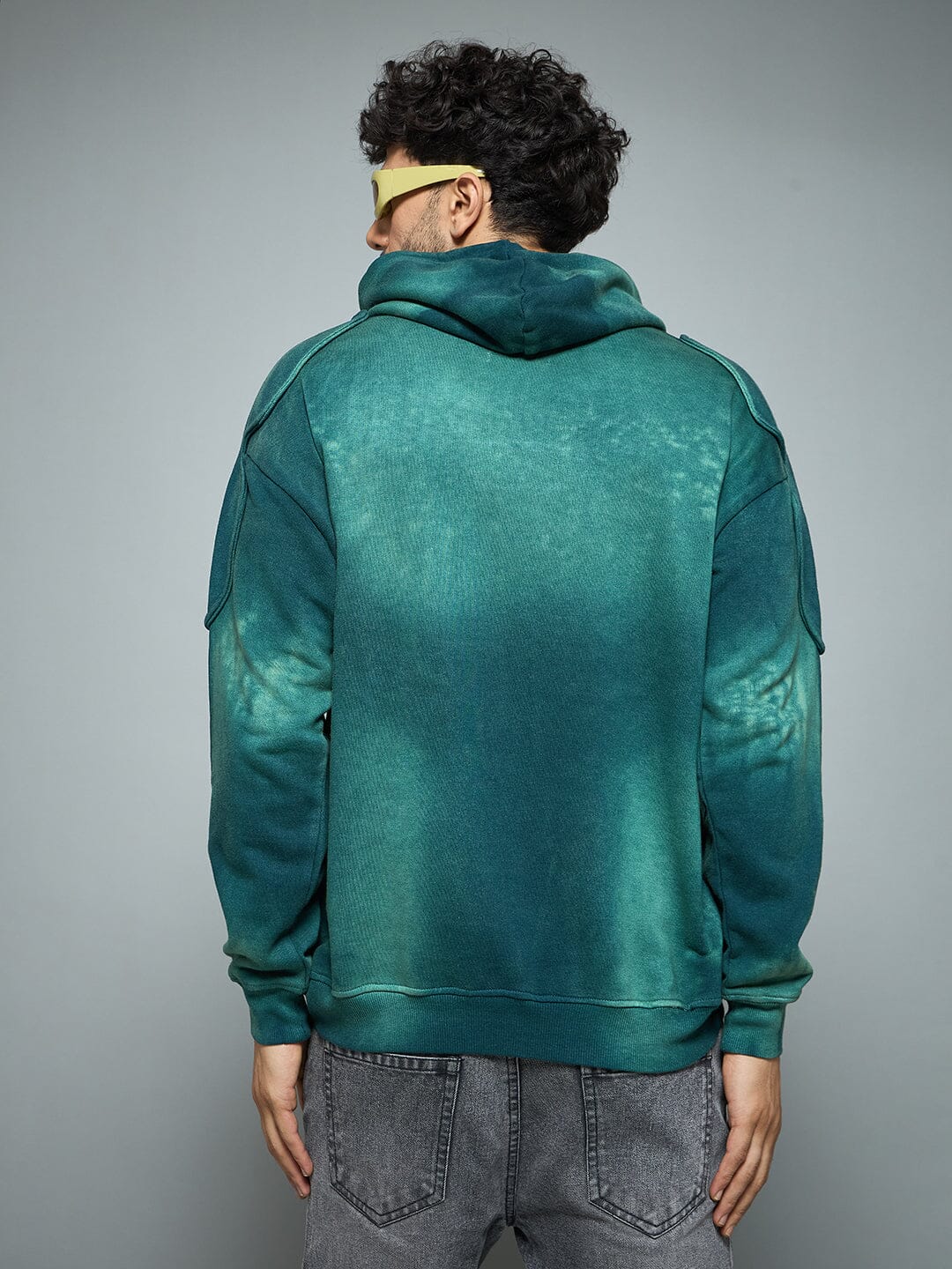 Bottle Green Sun Fade Shoulder Pad Hoodie - Image 5