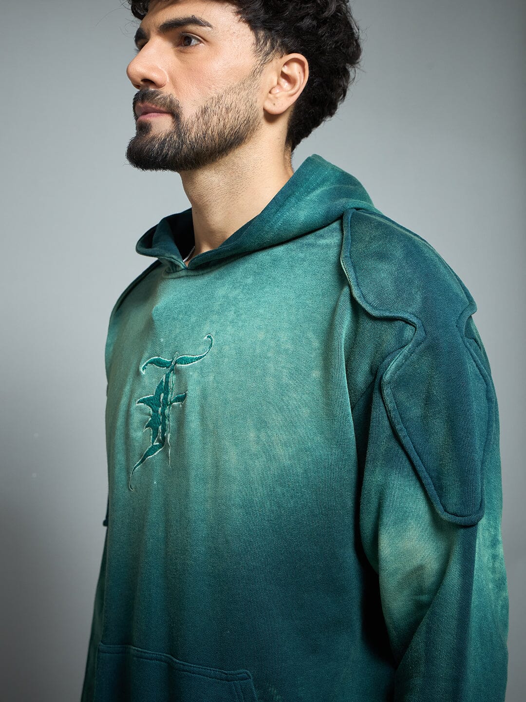 Bottle Green Sun Fade Shoulder Pad Hoodie - Image 6