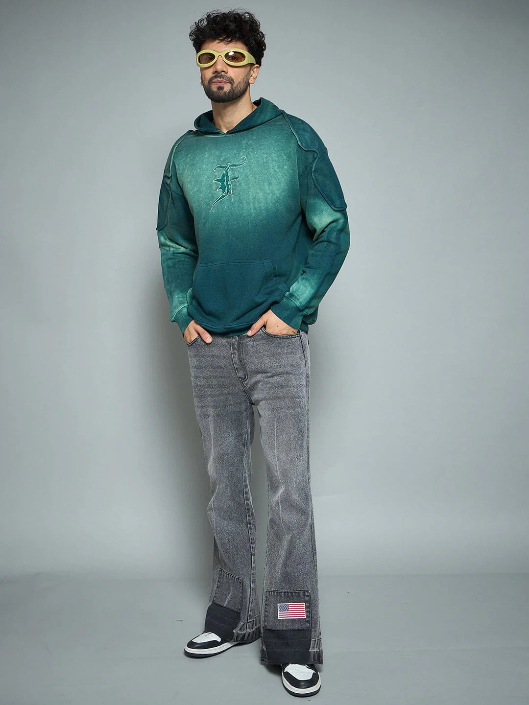 Bottle Green Sun Fade Shoulder Pad Hoodie - Image 7