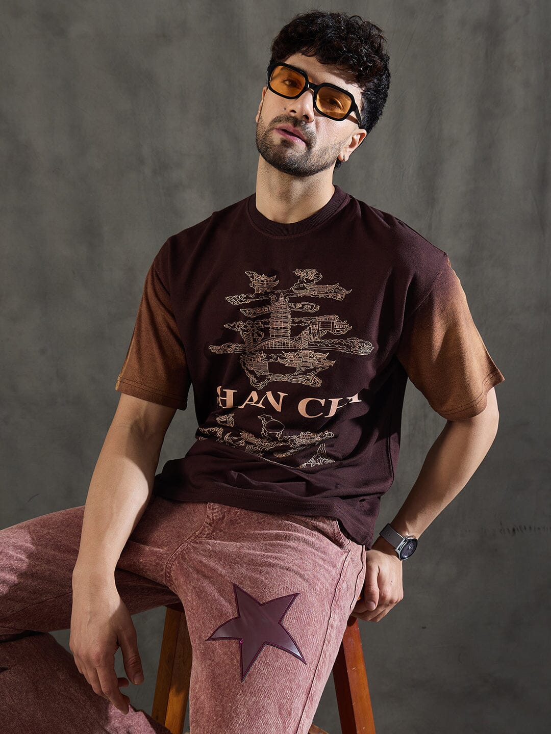 Brown Bleach Wash Japanese Graphic Oversized Tshirt - Image 2