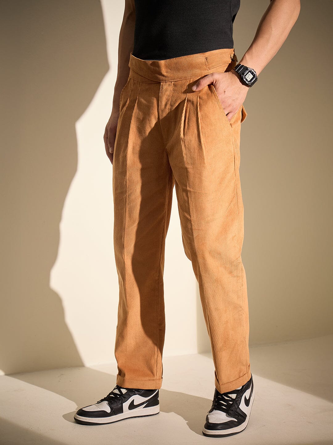 Burnt Mustard Pleated Corduroy Trousers - Image 3