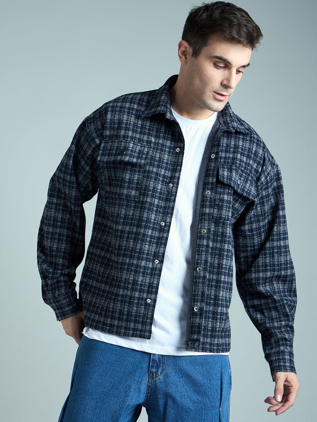 Charcoal & Navy Checkered Tweed OverShirt - Image 4