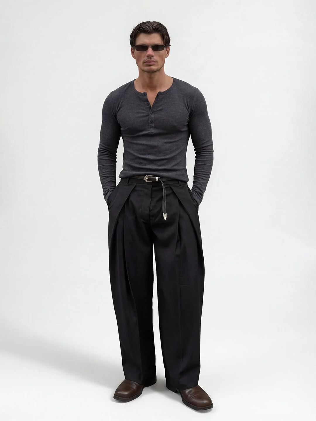 Charcoal Ribbed Henley Longsleeves Tshirt - Image 5