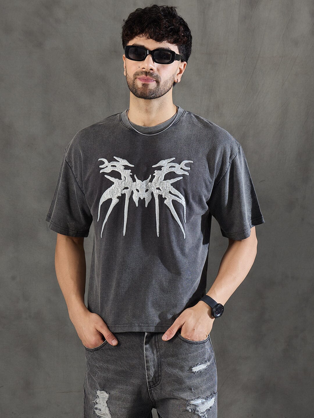 Charcoal Washed Bat Graphic Oversized Tshirt - Image 2