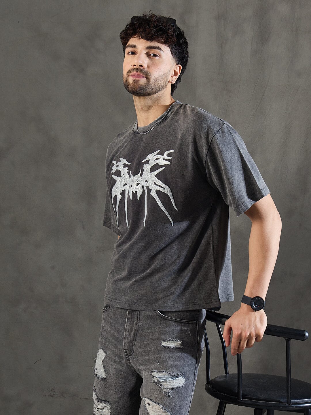 Charcoal Washed Bat Graphic Oversized Tshirt - Image 3