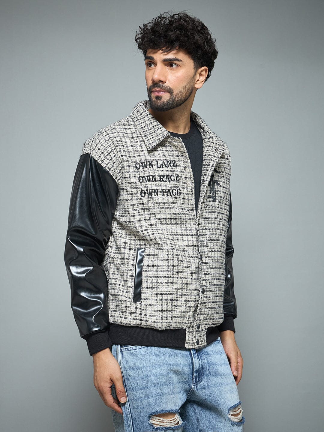 Checkered Tweed Embroidered Varsity Jacket - Image 3
