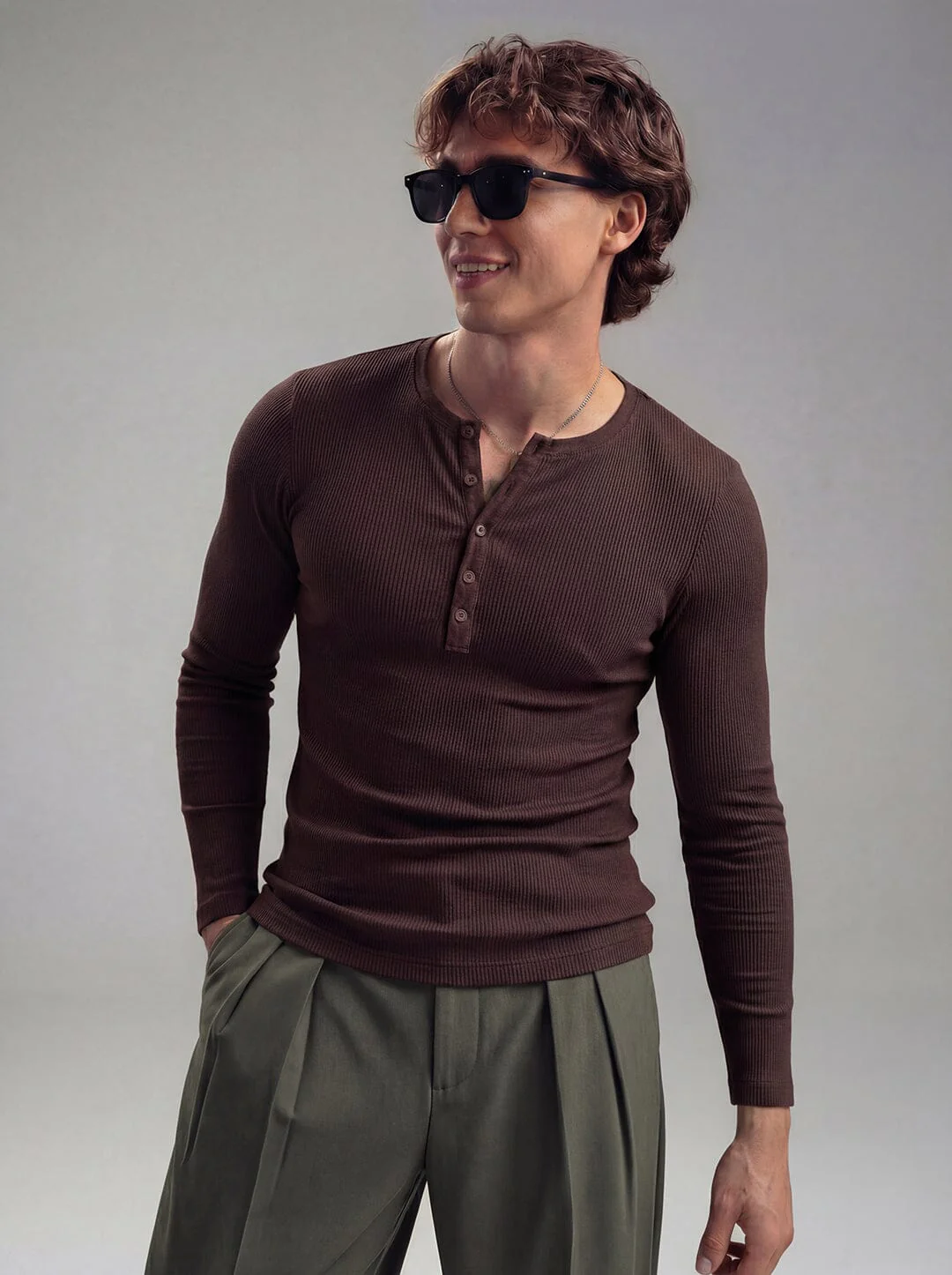 Coffee Ribbed Henley Longsleeves Tshirt - Image 2