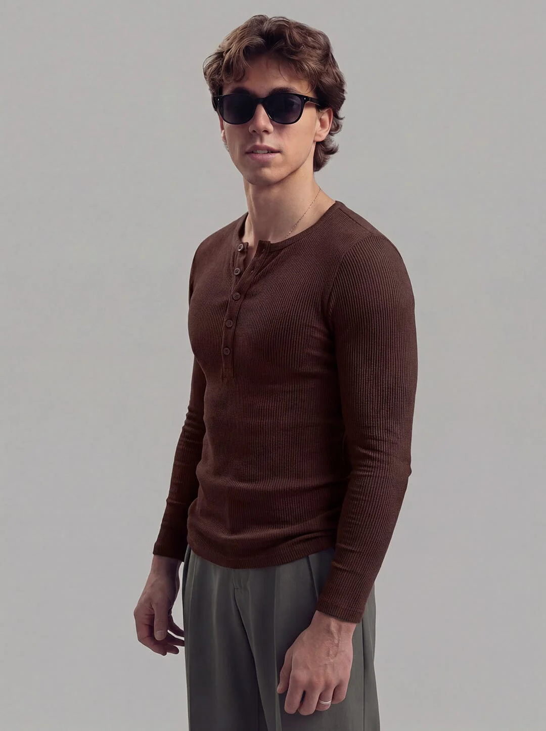 Coffee Ribbed Henley Longsleeves Tshirt - Image 3