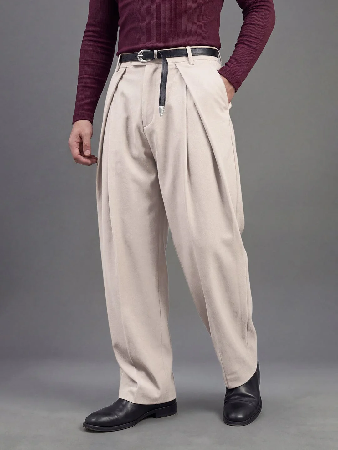 Cream Korean Pleated Trousers