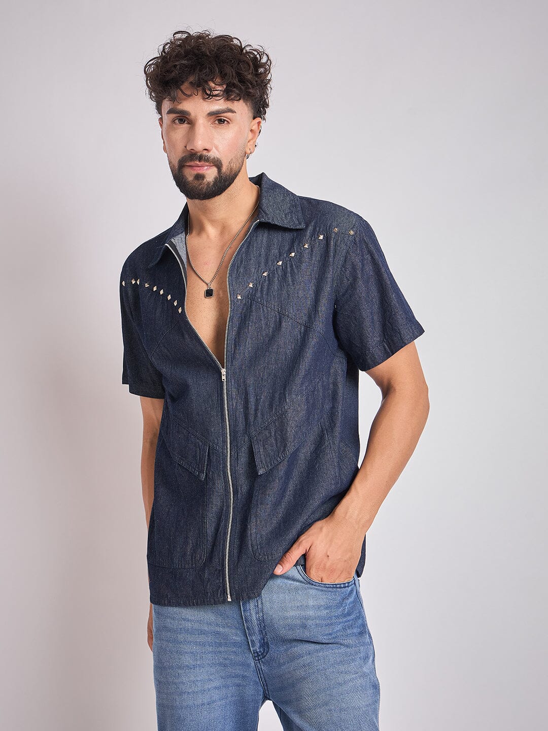 Dark Wash Studded Denim Shirt - Image 2