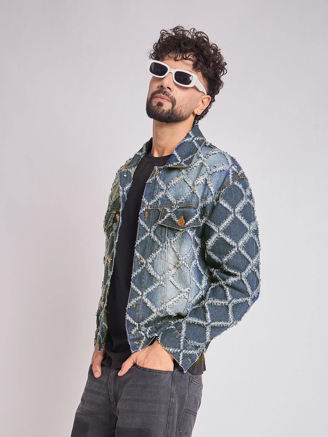 Dark Washed Damaged Patterned Denim Jacket - Image 2