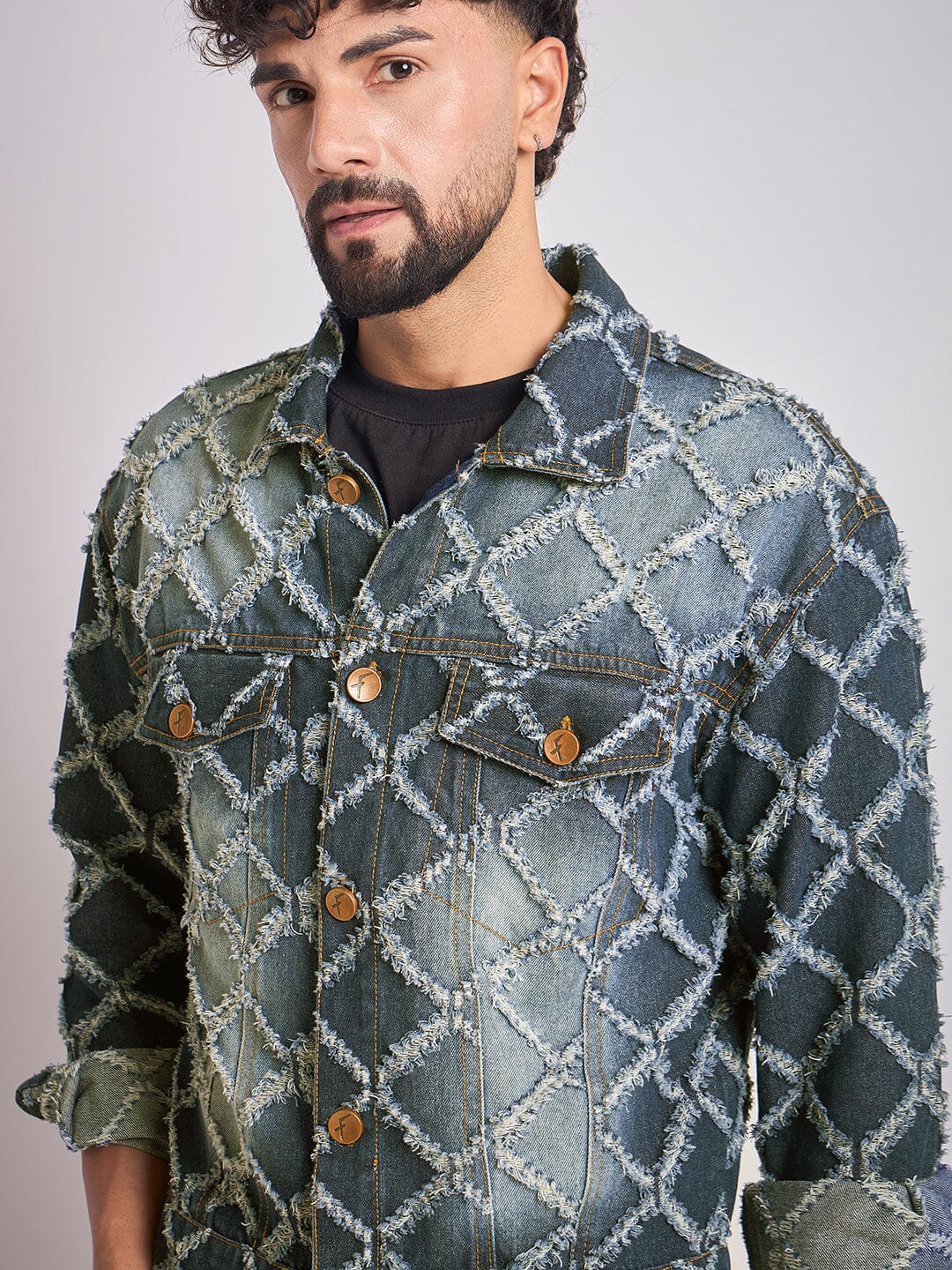 Dark Washed Damaged Patterned Denim Jacket - Image 3