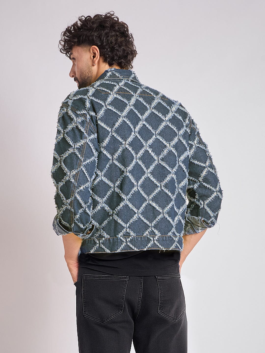 Dark Washed Damaged Patterned Denim Jacket - Image 4