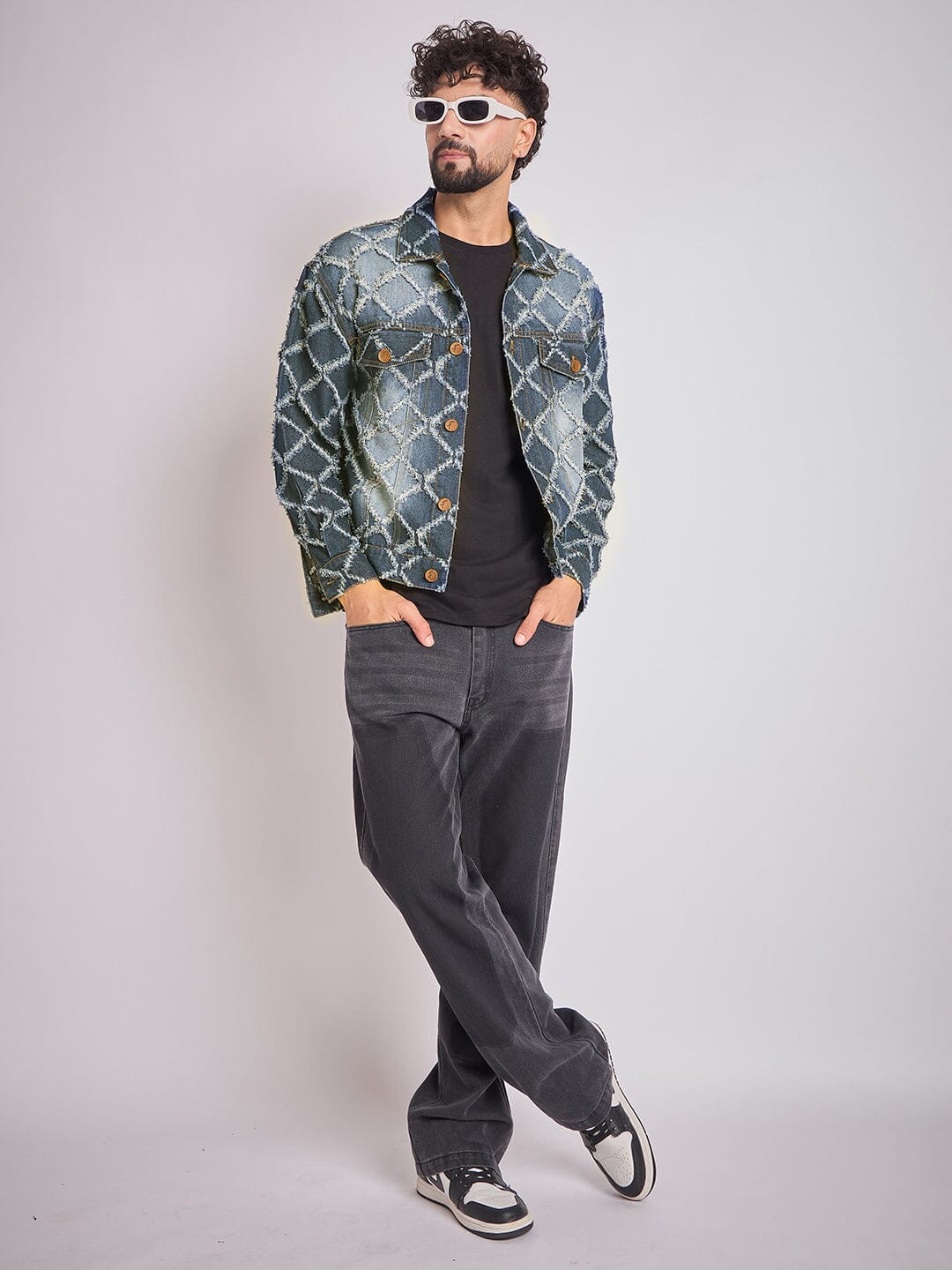Dark Washed Damaged Patterned Denim Jacket - Image 5