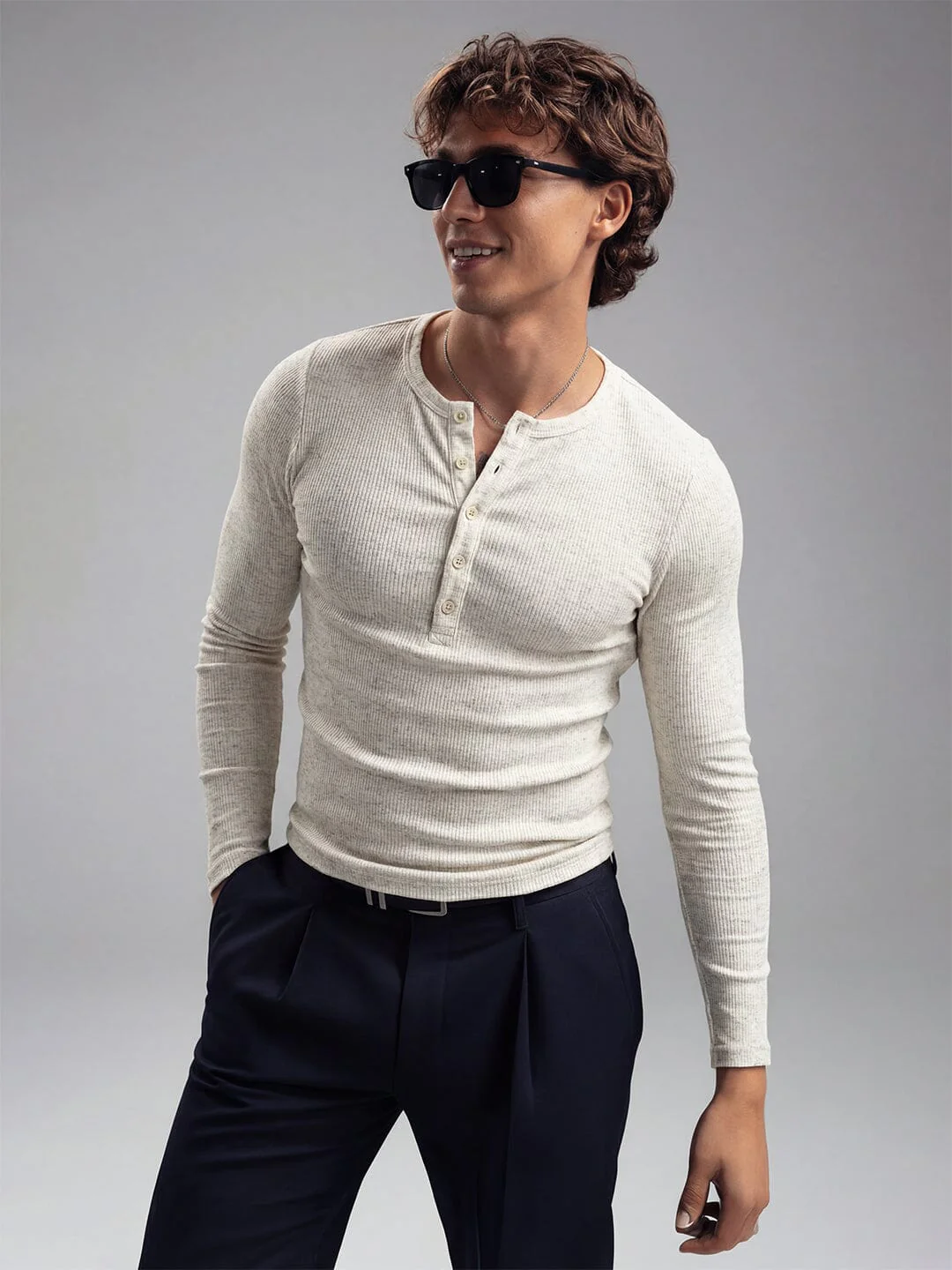 Ecru Melange Ribbed Henley Long sleeves Tshirt
