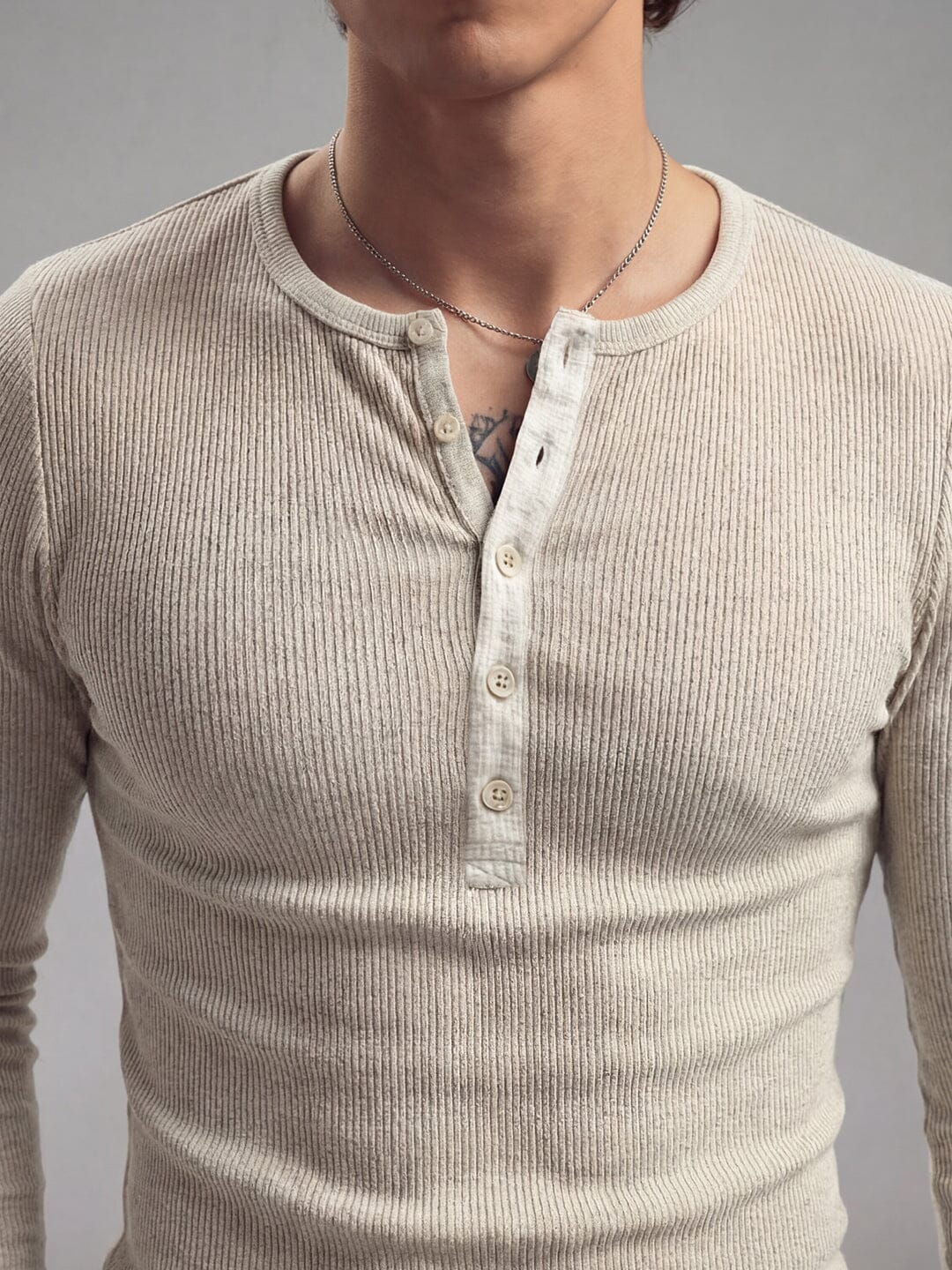 Ecru Melange Ribbed Henley Long sleeves Tshirt - Image 3