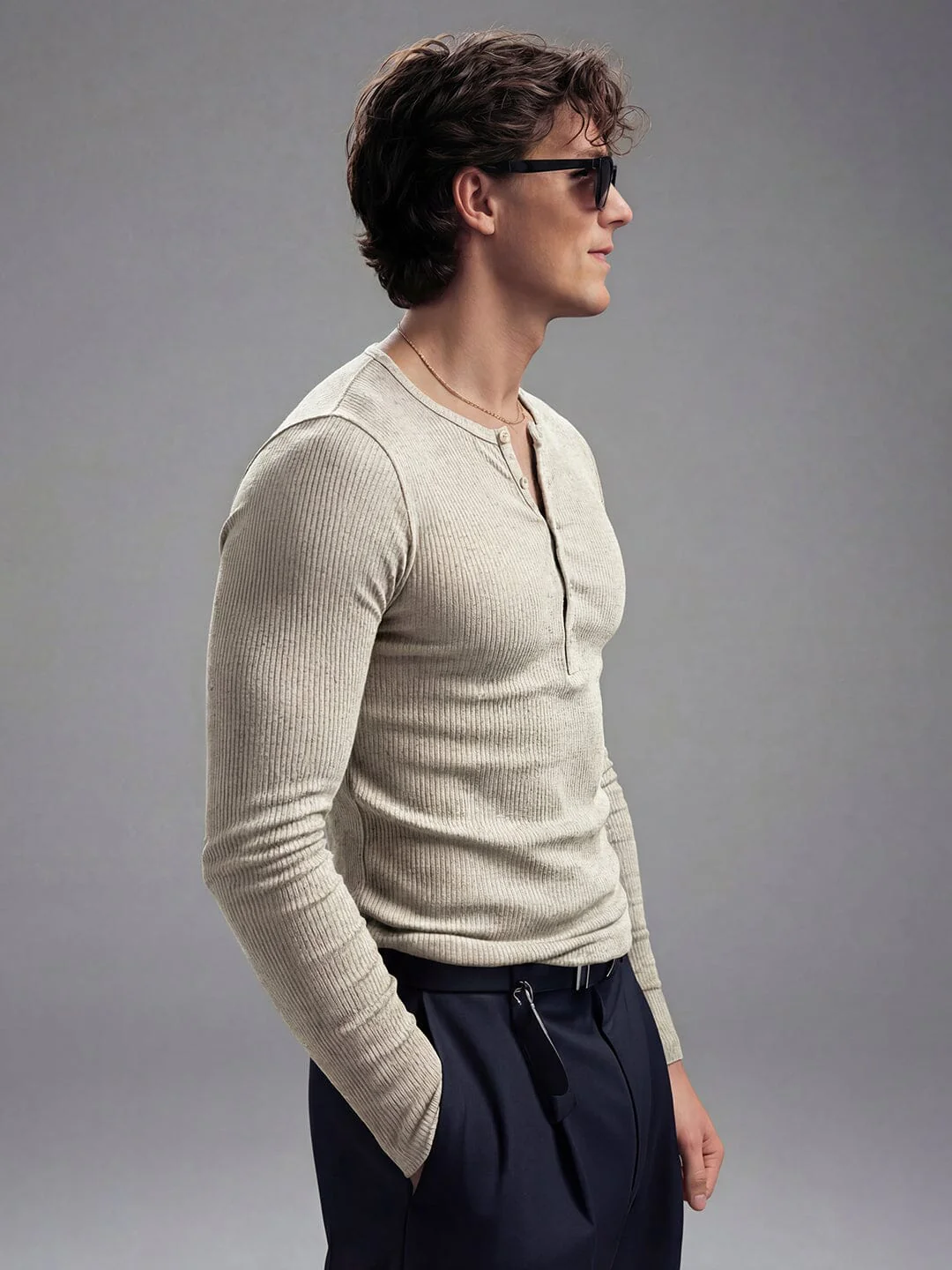 Ecru Melange Ribbed Henley Long sleeves Tshirt - Image 5