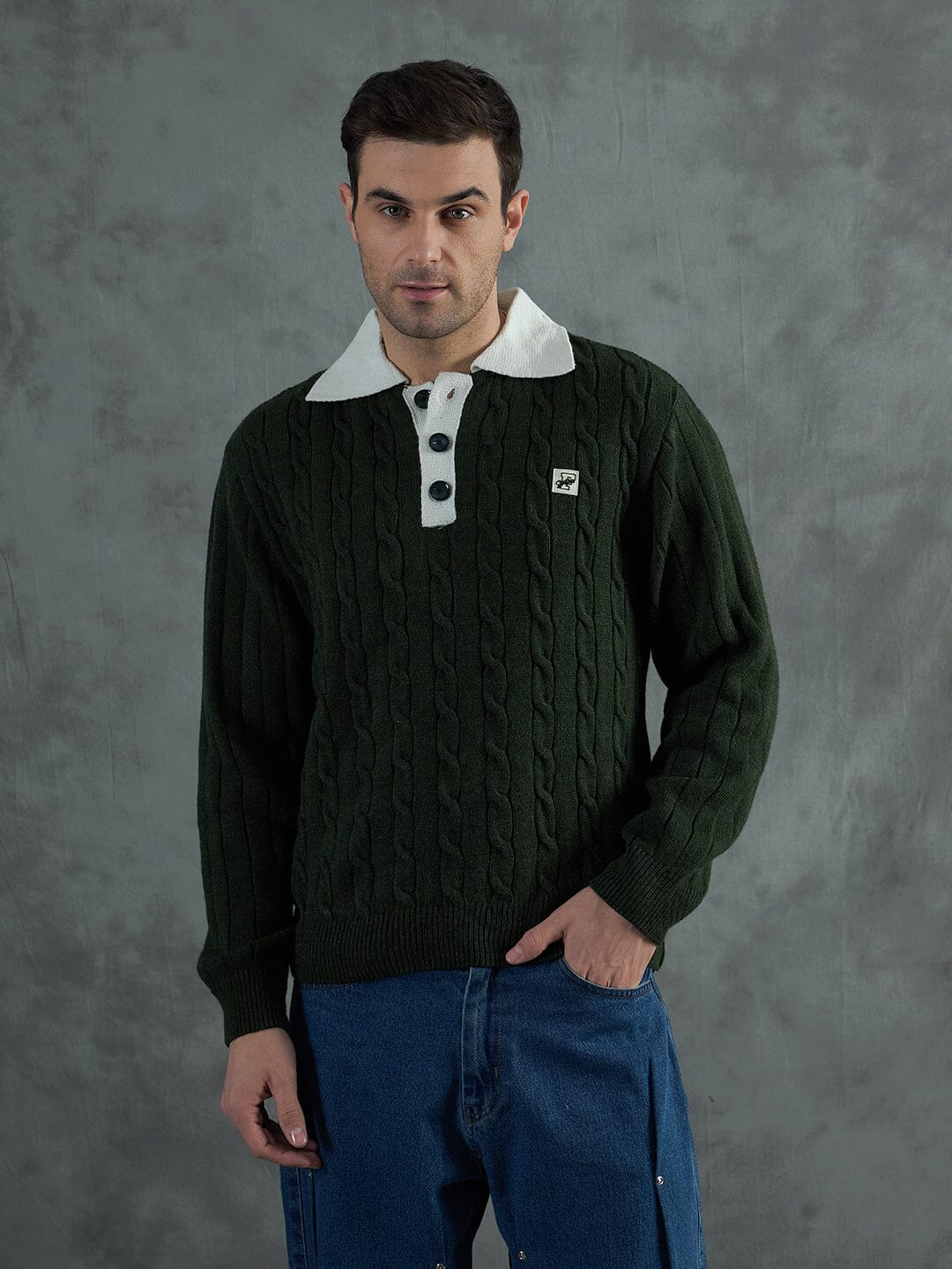 Green Cable Knit Polo Sweater - Image 3