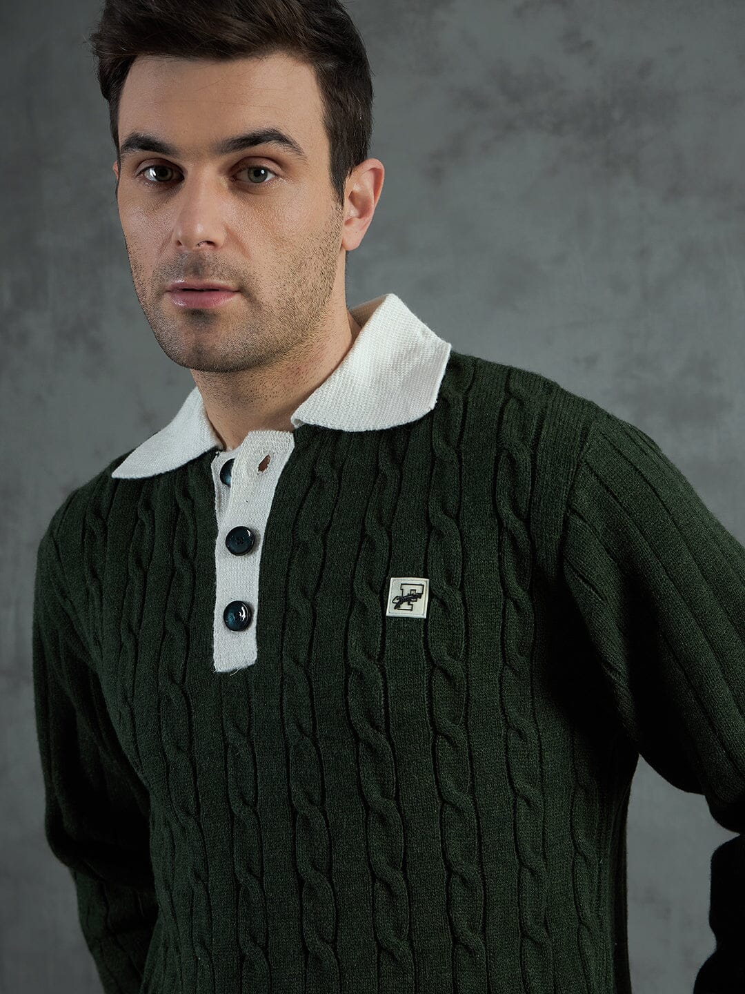 Green Cable Knit Polo Sweater - Image 4