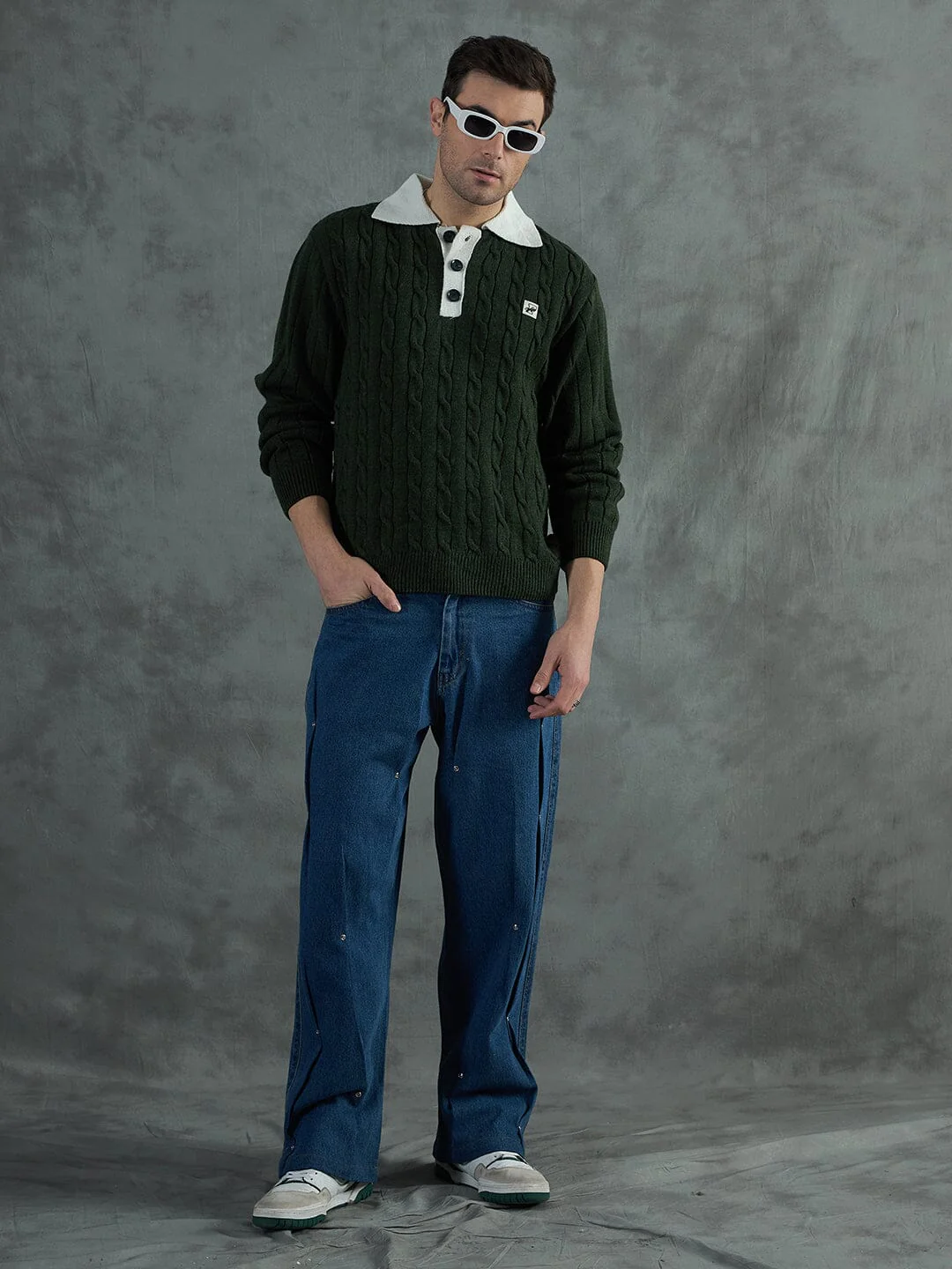 Green Cable Knit Polo Sweater - Image 6