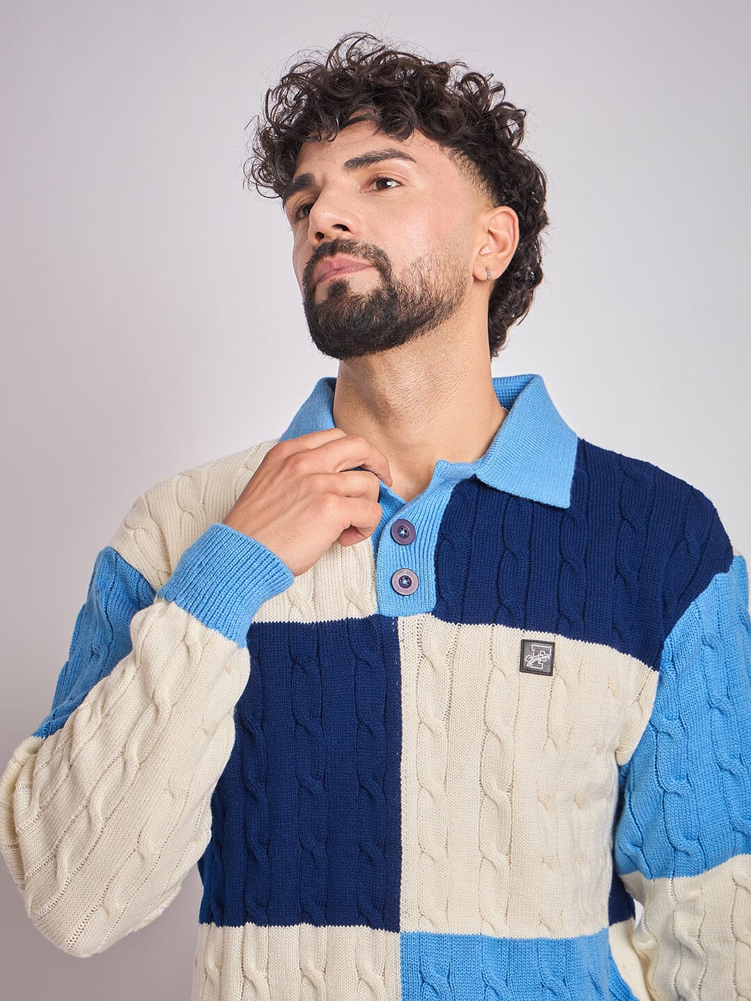 Blue Coloured Blocked Cable Knit Sweater - Image 2
