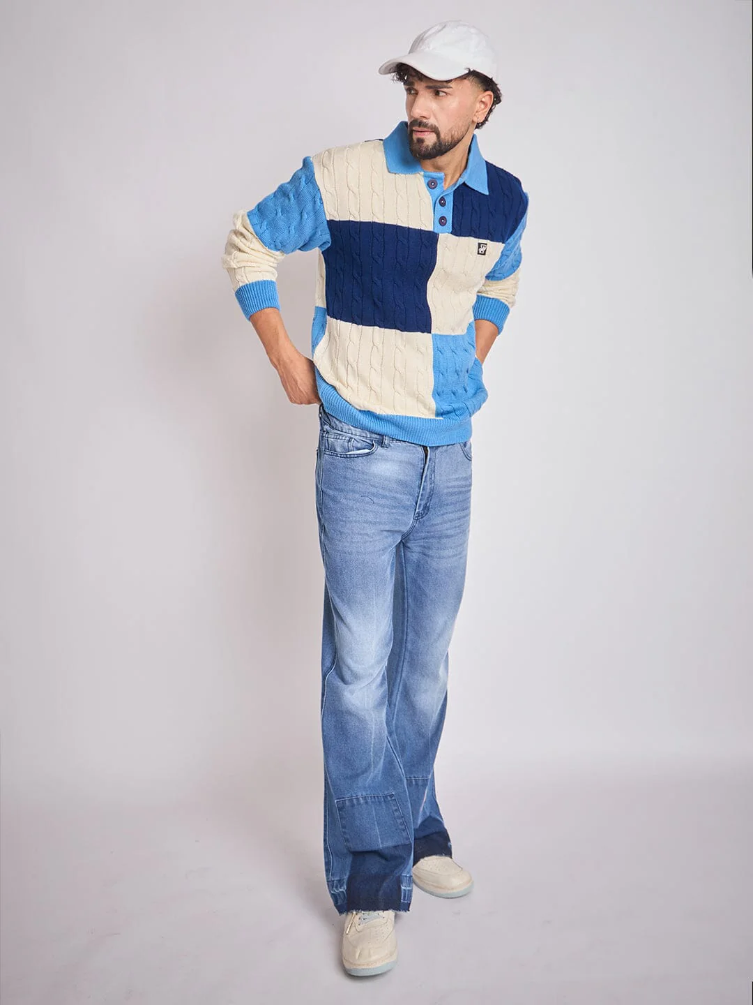 Blue Coloured Blocked Cable Knit Sweater - Image 3