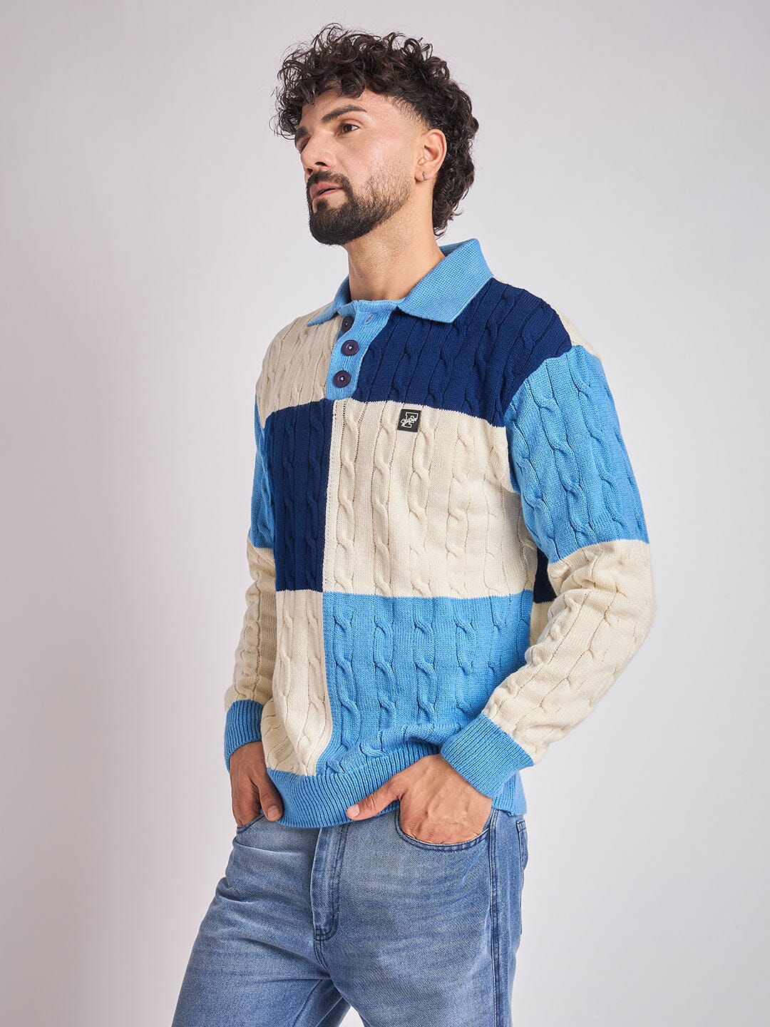 Blue Coloured Blocked Cable Knit Sweater - Image 4