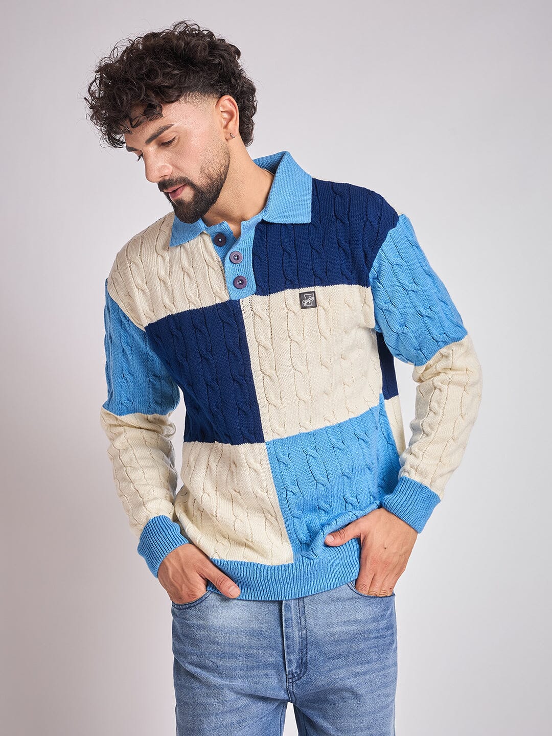 Blue Coloured Blocked Cable Knit Sweater - Image 5