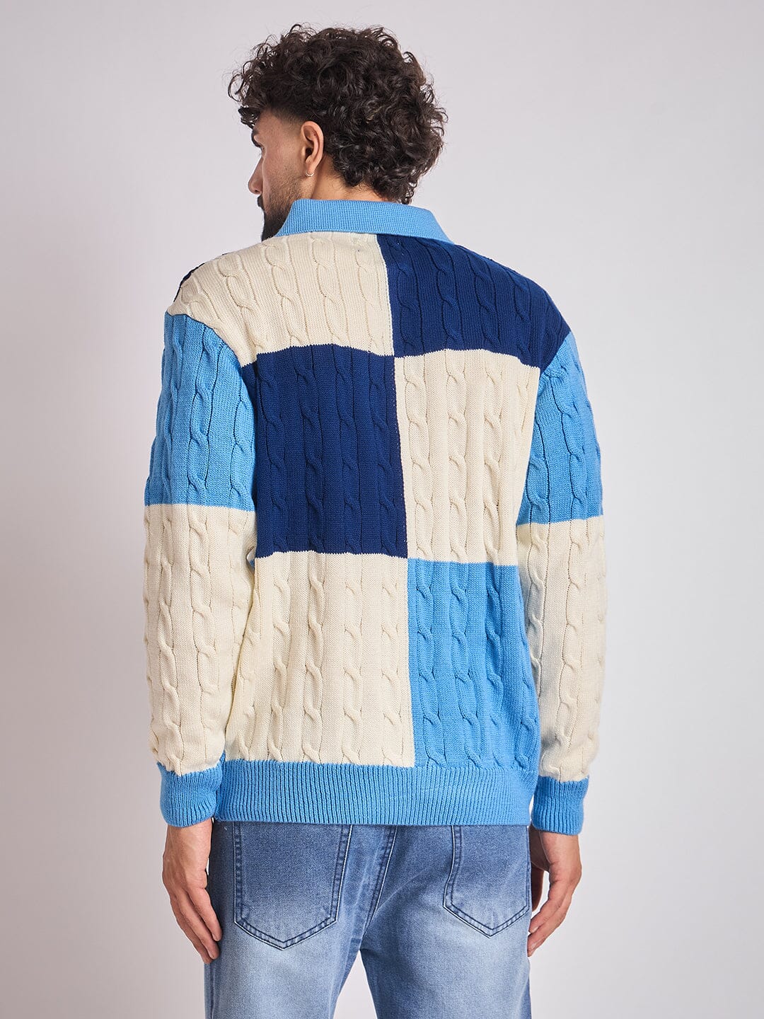 Blue Coloured Blocked Cable Knit Sweater - Image 7