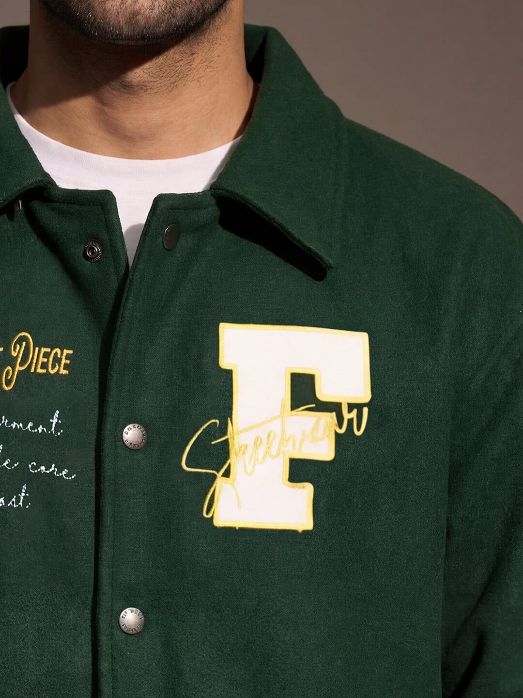 Green Statement Woollen Sleeves Varsity Jacket - Image 3