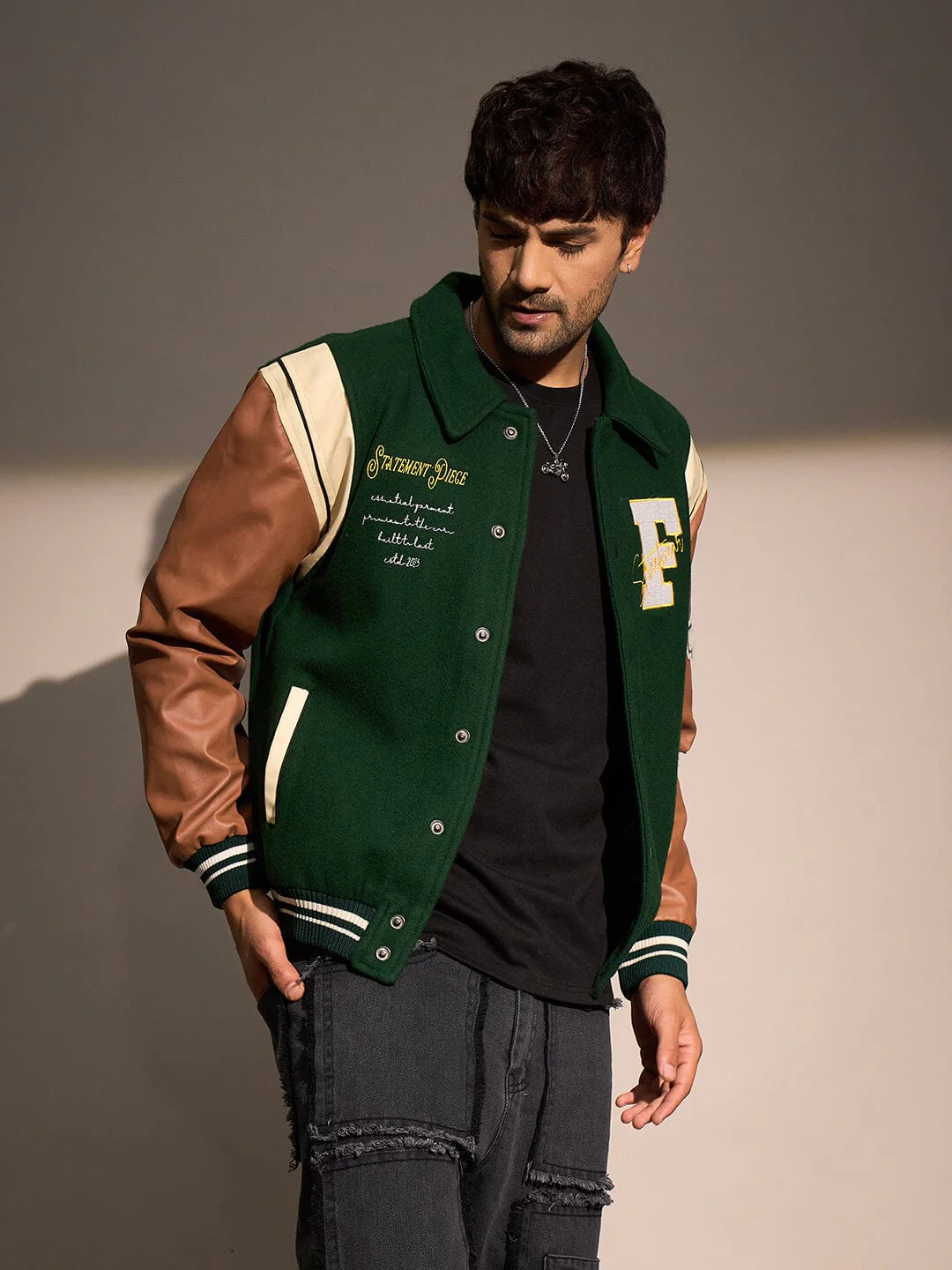 Green Statement Woollen Varsity Jacket - Image 3