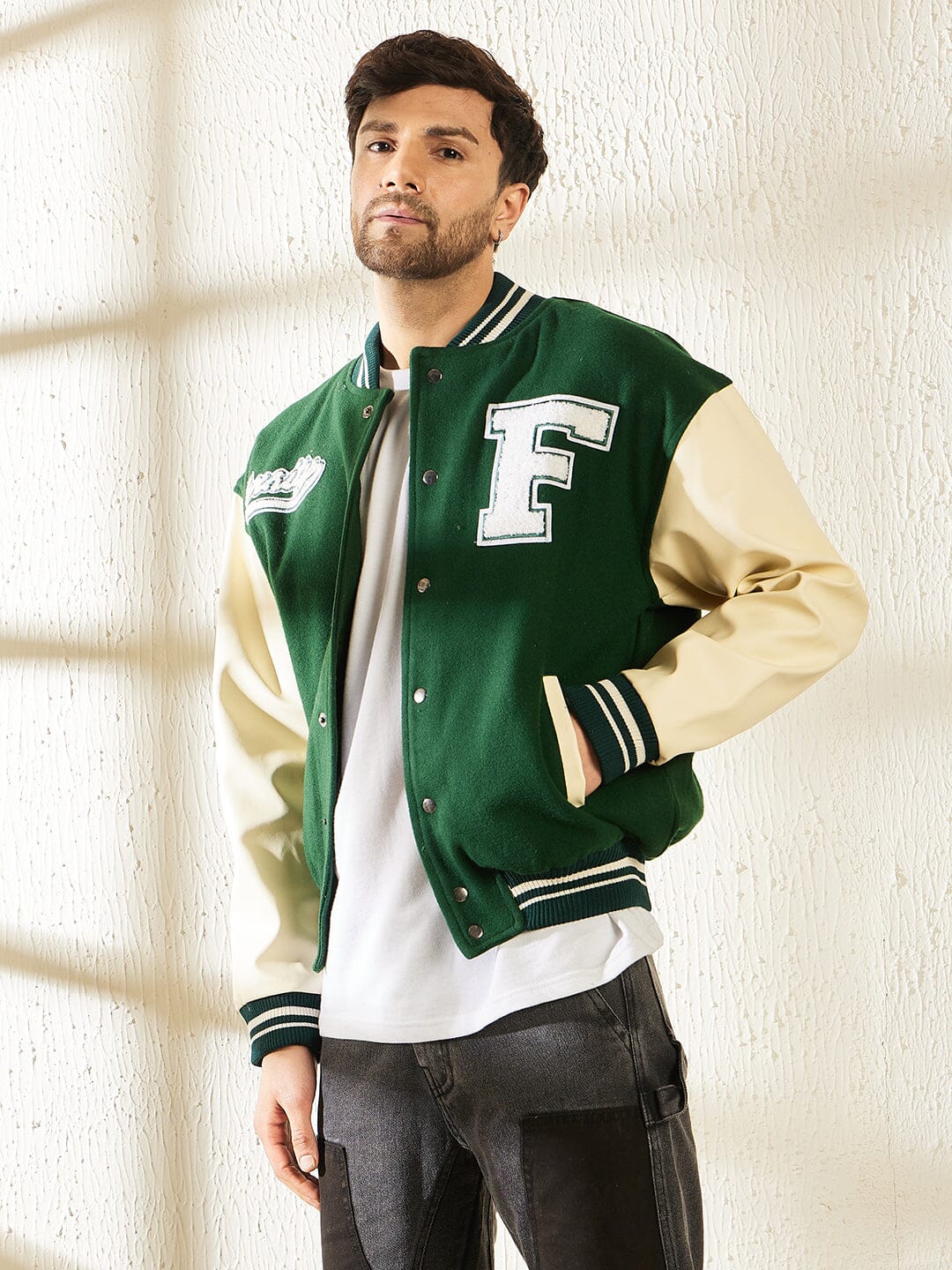 Green Woollen Faux Leather Sleeves Letterman Varsity Jacket - Image 2